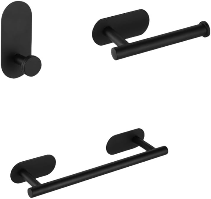No Drilling Stainless Steel Self-Adhesive Towel Bar Paper Holder Robe Hook Towel Ring Black Silver Gold Bathroom Accessories Set,Black 3PCS Set B