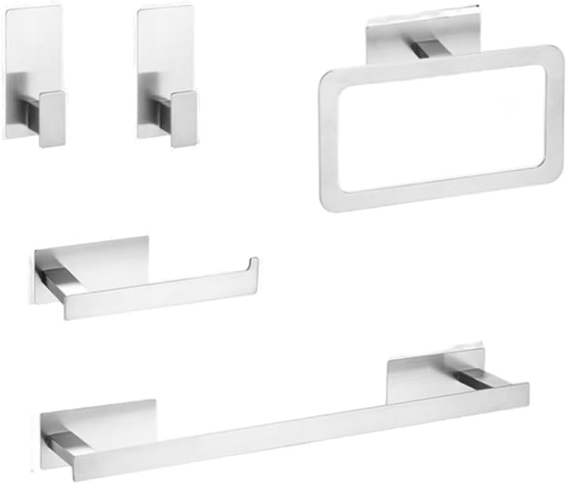 Stainless Steel Matte Black Bath Hardware Set Self-Adhesive Towel Bar Towel Ring Paper Holder Hook Bathroom Accessories,Silver 5pcs Set