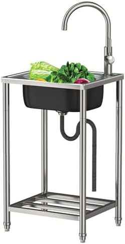 Freestanding Utility Sink,Freestanding Stainless Steel Sink,Large Kitchen Sink with Workbench, Outdoor Single Bowl Sink Mobiles Camping Commercial Sink with(Hot Cold Style-38x33x82cm