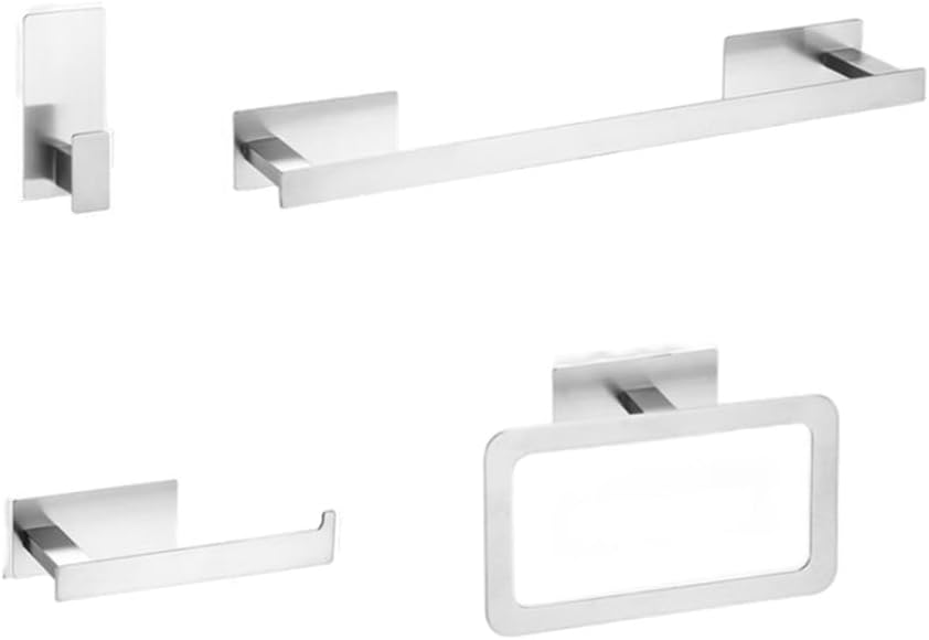 Stainless Steel Matte Black Bath Hardware Set Self-Adhesive Towel Bar Towel Ring Paper Holder Hook Bathroom Accessories,Silver 4pcs Set A