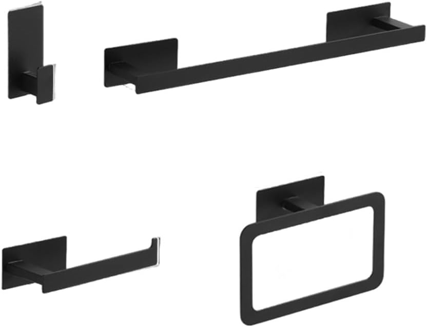 Stainless Steel Matte Black Bath Hardware Set Self-Adhesive Towel Bar Towel Ring Paper Holder Hook Bathroom Accessories,Black 4PCS Set A