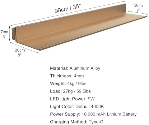 Floating Shelf with LED Light and Built-in Lithium Battery, Heavy Duty Commercial Display Shelf for Living Room, Kitchen, Restaurant, Home and Office