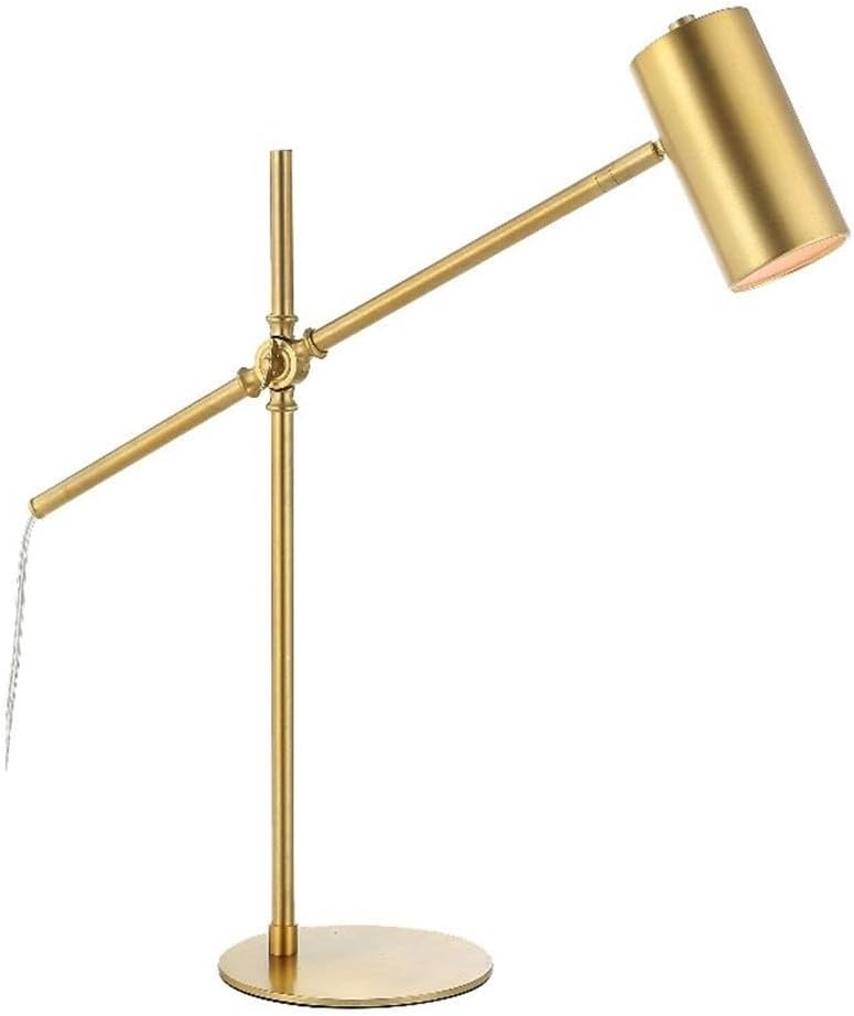 BOWERY HILL 1-Light Coastal Metal Desk Lamp, Cylinder Shade, Brushed Gold Finish, Adjustable Arm, Contemporary Transitional Style, 24.5' H x 25.75' W x 7.5' D, Functional Lighting for Home Office or