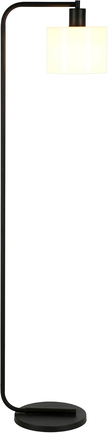 Henn&Hart 57'' Industrial 1-Light Floor Lamp with White Glass Drum Shade for Living Room, Bedroom, or Office, Black