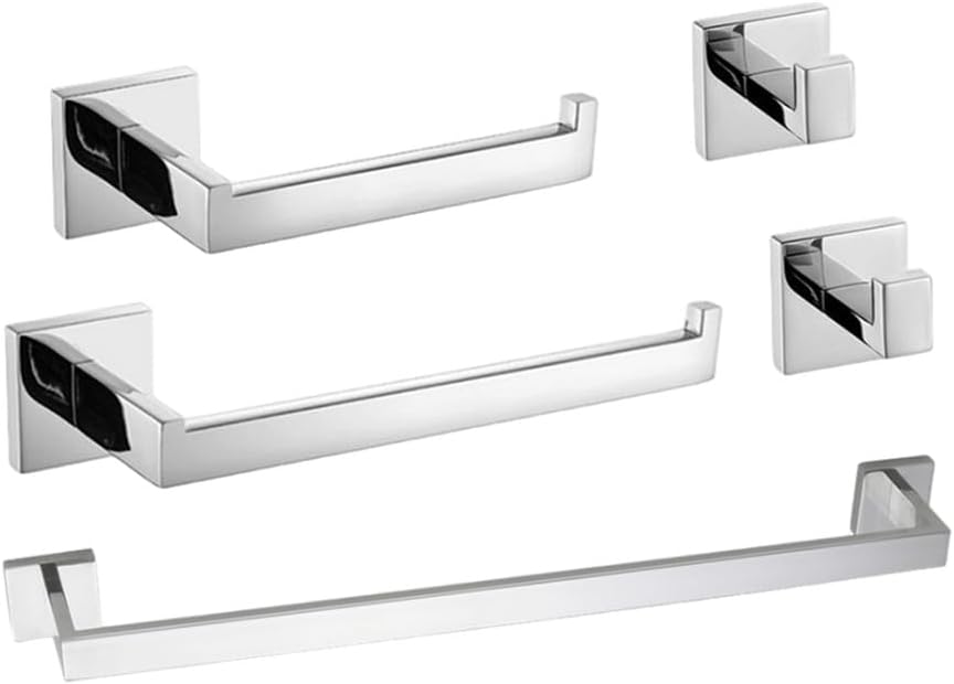 Bathroom Hardware Set Accessories Stainless Steel Black Shelf Robe Hook Hanger Long Towel Rail Bar Rack Tissue Paper Holder,5 Pieces Chrome
