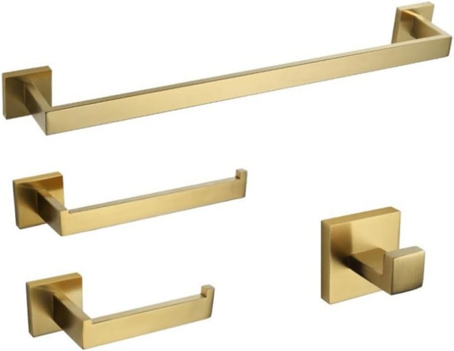 Bathroom Gold Polished Hardware Set Stainless Steel Robe Hook Towel Bar Toilet Roll Paper Holder Towel Ring Bathroom Accessories, Brushed Gold Set