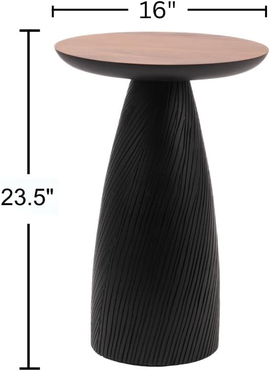 Modern Black & Walnut Wood Accent Table – Handcrafted Drum Pedestal Side Table for Living Room, Bedroom, or Office – Sleek Round Top with Textured Carved Base Black