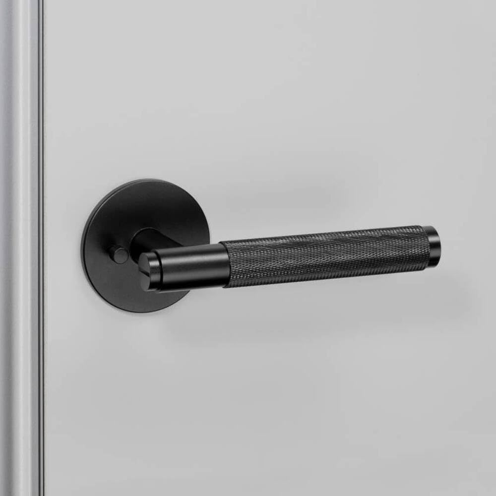 Buster and Punch Privacy Door Handle Set with Cross Knurl Pattern in Brass, Solid Metal, Complete with Latch