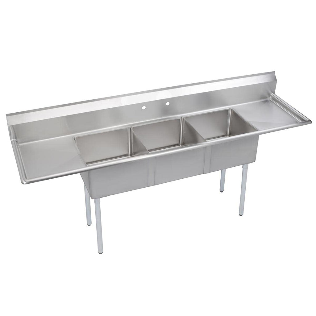 Elkay Foodservice 3 Compartment Sink, 124'X29.75' OA, 36' Working Height, 24X24 Bowl, 14 Deep, 9.75' Backsplash, Left & Right 24' Drainboards, 8' On Center Faucet Hole, Galvinized Legs, Adjustable Feet, 16 Gauge 300 Series Stainless Steel, NSF Certified