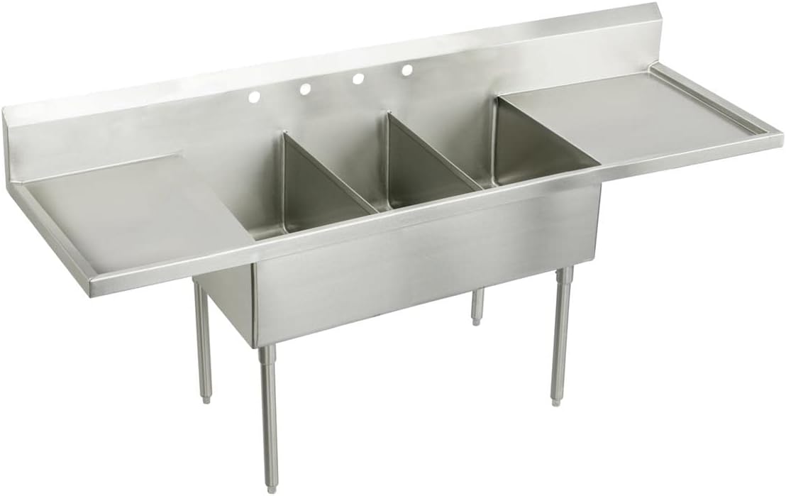 Elkay WNSF8345LR Weldbilt 93' Triple Basin Free Standing Stainless Steel Utility Sink - 6 Faucet Holes
