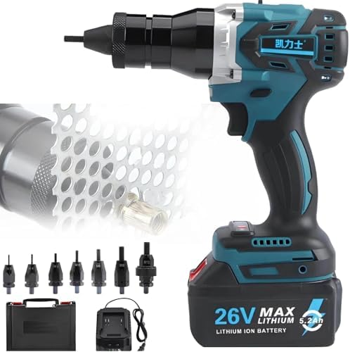 Cordless Electric Rivet Gun Set, 2-in-1 Automatic Riveter for M3-M12, Battery-Powered Pop Rivet Tool with 2 Batteries (5200mAh & 2200mAh) for DIY & Professional Use
