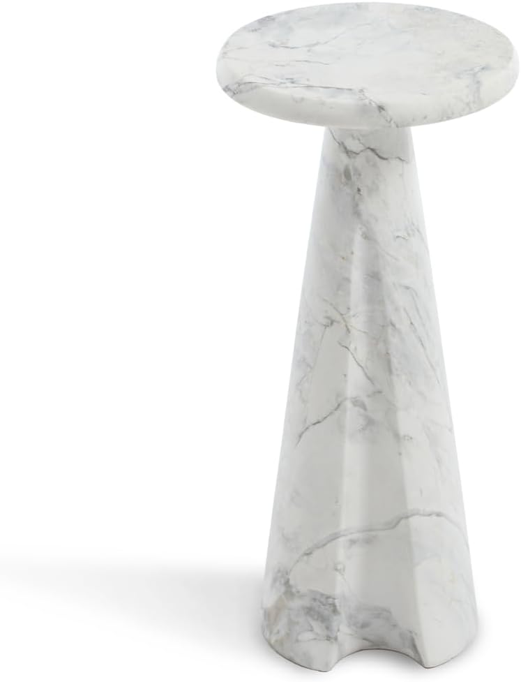 Modern Faux Marble Bedside Table for Living Room, 9' Round Stone Side Table Vintage Night Stand, Small Rustic Wthie End Table for Drink in Bedroom Apartment Waiting Room, White
