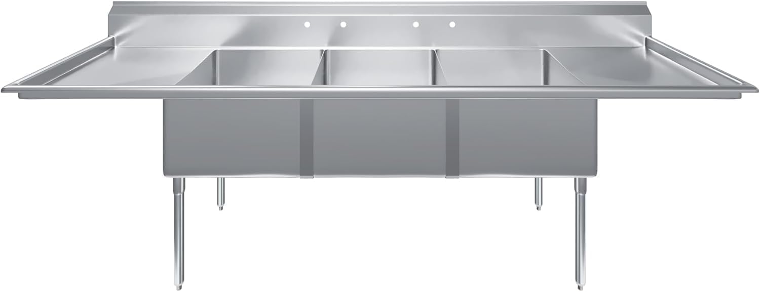 Three Compartment Stainless Steel Commercial Kitchen Prep & Utility Sink | Bowl Size 24' x 24' X 14' | NSF Certified (Size 120' x 30' x 43')
