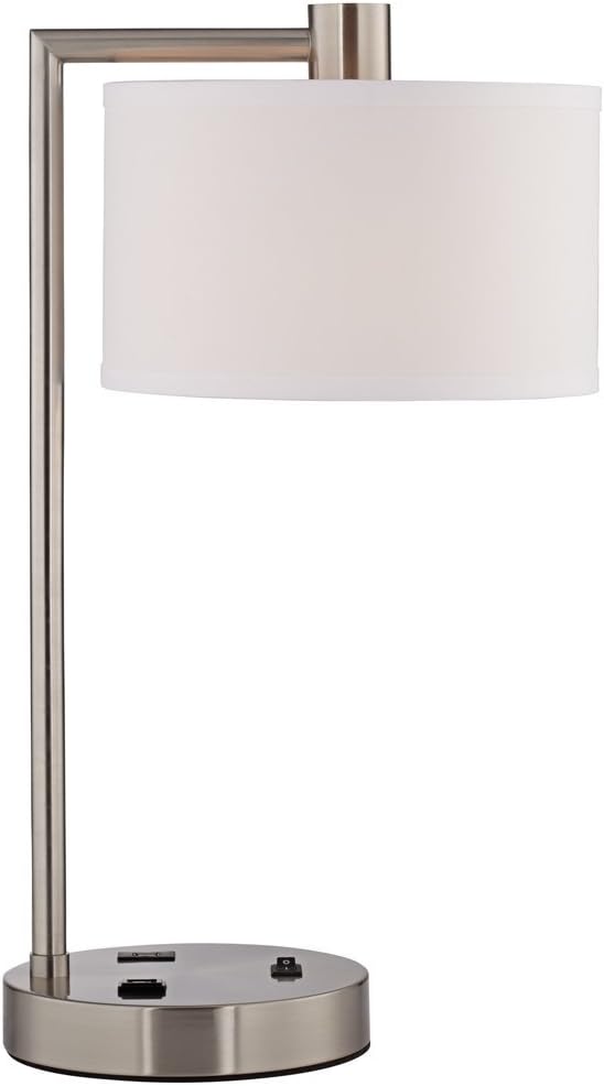 360 Lighting Colby Modern Desk Table Lamp with Hotel Style USB and AC Power Outlet in Base 21' High Brushed Nickel White Linen Drum Shade for Living Room Bedroom House Bedside Reading Home