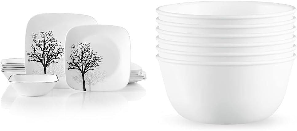 Corelle Vitrelle 18-Piece Service for 6 Dinnerware Set, Triple Layer Glass and Chip Resistant & Vitrelle 28-oz Soup/Cereal Bowls Set of 6, Chip & Crack Resistant Dinnerware Bowls
