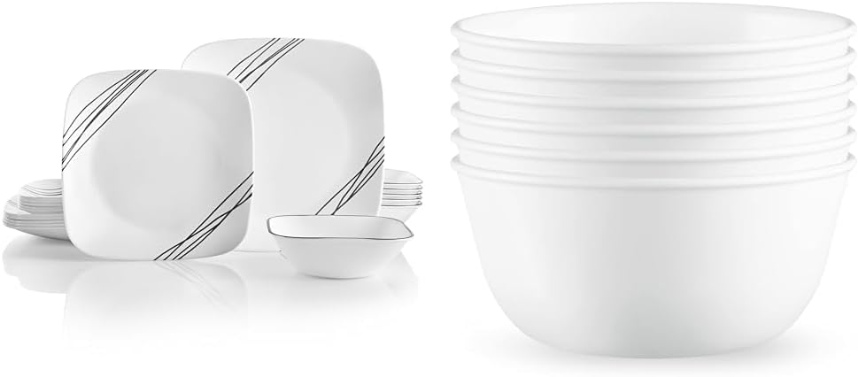 Corelle Vitrelle 18-Piece Service for 6 Dinnerware Set, Triple Layer Glass, Simple Sketch & Vitrelle 28-oz Soup/Cereal Bowls Set of 6, Winter Frost White