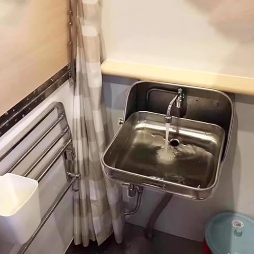 RV Wall-Mounted Sink,Stainless Steel Folding RV Sink, Square Single Bowl Sink, Hand Wash Basin Sink with Cold Water Faucet, Wall Mounting Hand Wash Basin Si(