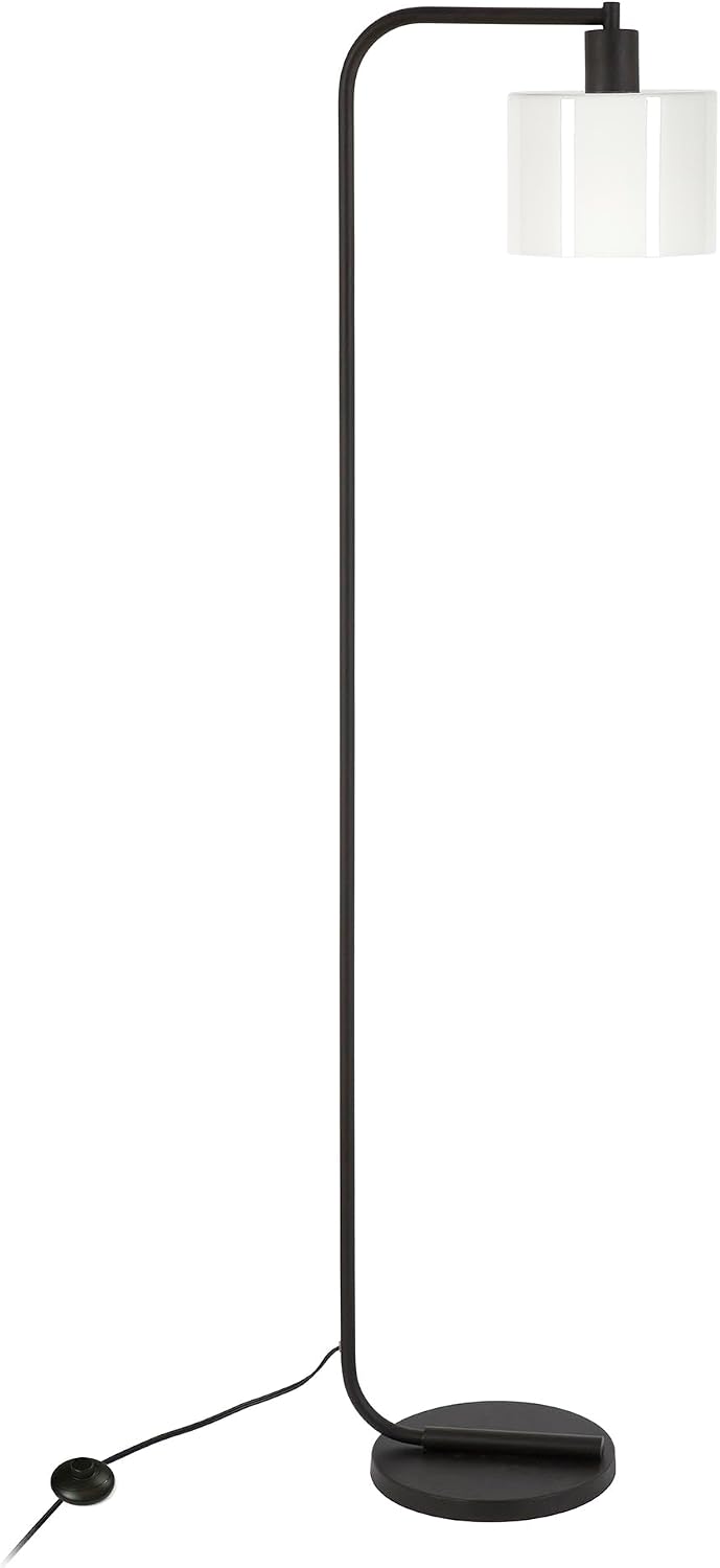 Henn&Hart 57'' Industrial 1-Light Floor Lamp with White Glass Drum Shade for Living Room, Bedroom, or Office, Black