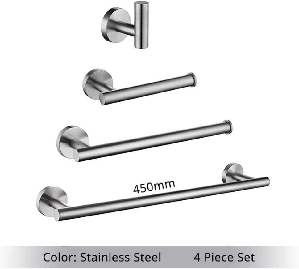 Bathroom Hardware Set Accessories Kit Brushed Stainless Steel Round Wall Rack Hand Bar Toilet Roll Paper Holder Robe Towel Hook,SS,45cm,Set