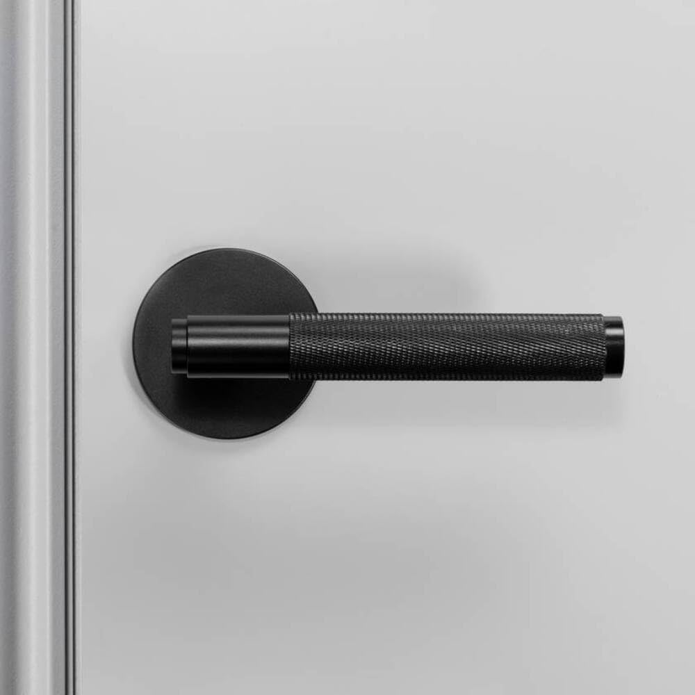 Buster and Punch Privacy Door Handle Set with Cross Knurl Pattern in Brass, Solid Metal, Complete with Latch