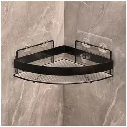 Adhesive Floating Shower Shelves - Wall Mounted Corner Organizer, No Drill Acrylic Caddy with Metal Fence, Stylish Black/Gold for Bathroom Storage Solutions