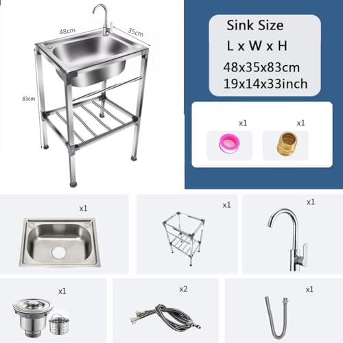 Freestanding Utility Sink,Outdoor Sink Set,Freestanding Stainless Steel Utility Sink, Commercial Kitchen Sink with Faucet, Single Bowl Sink for Laundry Room(One Color-48x35cm(19x14inch)