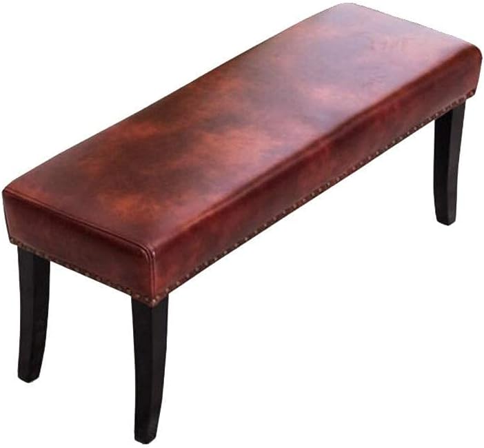 Footstool, Rectangular Sofa Stool Bench Faux Vintage Copper Rivets Leather Bedroom Bed End Stool,Solid Wood Legs Footstool (Color : Red-Brown)