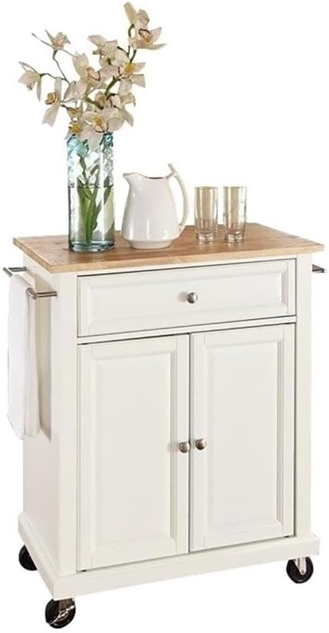 Pemberly Row Traditional Wood Kitchen Cart, 1-Drawer, 2-Door, White and Natural Finish, 35.5' H x 28.25' W x 18' D, Adjustable Shelf, Storage Drawer, Towel Bars, Brushed Nickel Hardware