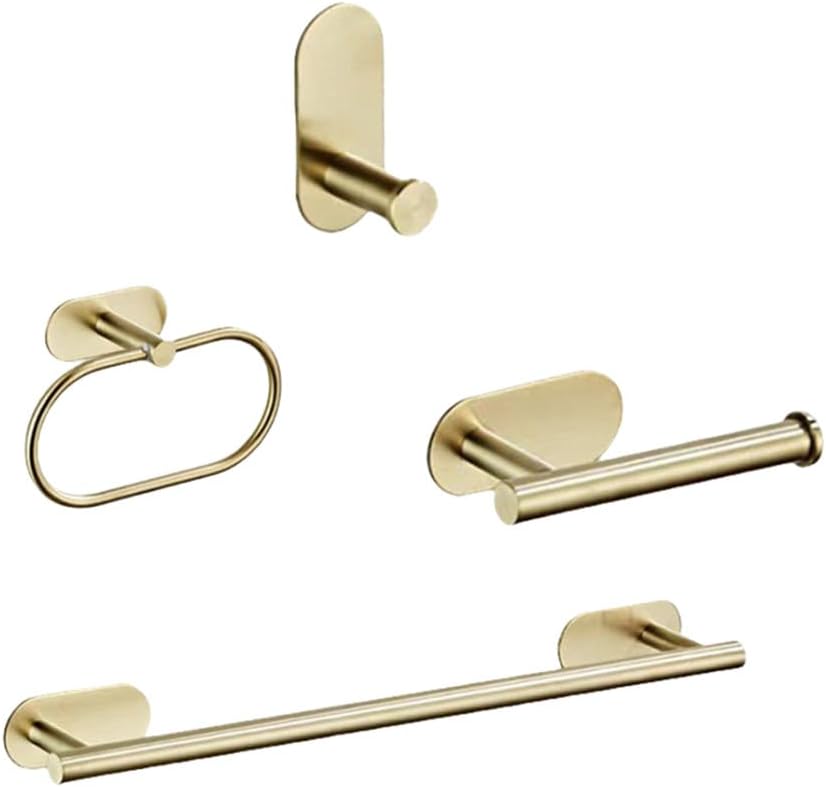 No Drilling Black Bathroom Accessories Sets Toilet Tissue Roll Paper Holder Towel Rack Bar Rail Ring Robe Clothes Hook Hardware,Gold 4PCS Sets