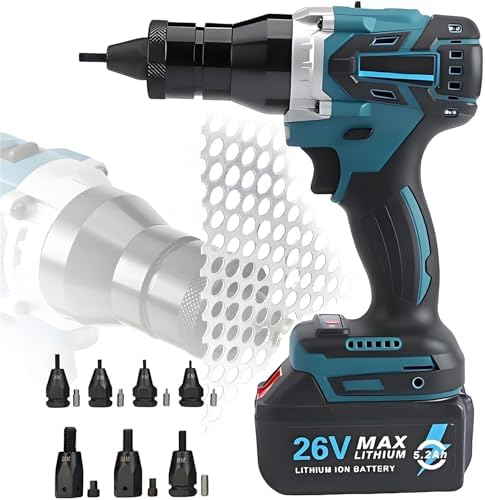 Cordless Rivet Nut Tool Set with 5200mAh Battery, Electric Nutsert Installation Kit for M3-M12, Portable Pop Rivet Gun, Heavy-Duty Assembly Tool, 2 Batteries Included
