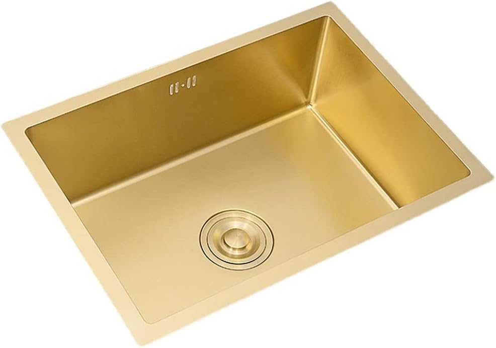 Kitchen Single Bowl Sink Counter Square Sink 304 Stainless Steel Bathroom Sink with Drain Pipe Drop-in Or Undermount (Gold 45×40cm)