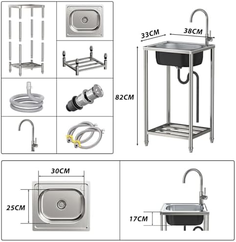 Freestanding Utility Sink,Freestanding Stainless Steel Sink,Large Kitchen Sink with Workbench, Outdoor Single Bowl Sink Mobiles Camping Commercial Sink with(Hot Cold Style-38x33x82cm