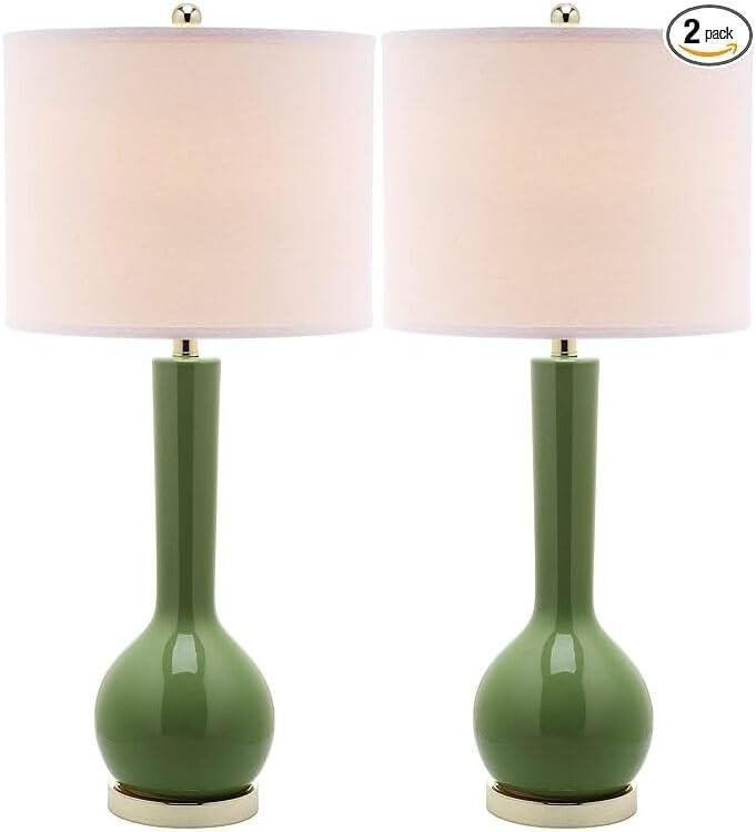 SAFAVIEH Lighting Collection Mae Long Neck Modern Contemporary Green Ceramic 31-inch Bedroom Living Room Home Office Desk Nightstand Table Lamp Set of 2 (LED Bulbs Included)