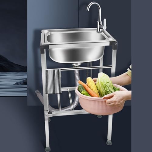 Freestanding Utility Sink,Outdoor Sink Set,Freestanding Stainless Steel Utility Sink, Commercial Kitchen Sink with Faucet, Single Bowl Sink for Laundry Room(One Color-48x35cm(19x14inch)