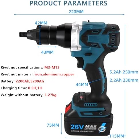 2-in-1 Cordless Portable Rivet Gun Set, Automatic Battery-Powered Pop Riveter with M3-M12 Nuts, 5200mAh Rechargeable Battery Included, Ideal for DIY & Professional Use