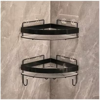 2-Pack Corner Shower Caddy - Wall Mounted Acrylic Storage Rack with Hooks, No Drilling Triangle Shelves, Metal Fence Organizer for Bathroom - Black Shower Shelf