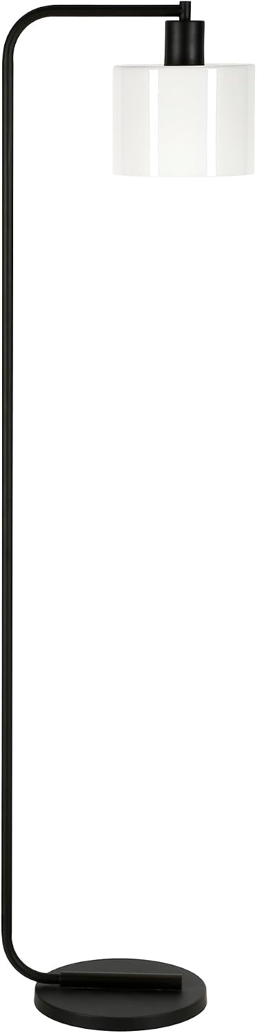 Henn&Hart 57'' Industrial 1-Light Floor Lamp with White Glass Drum Shade for Living Room, Bedroom, or Office, Black