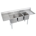 Elkay Foodservice 3 Compartment Sink, 94'X29.75' OA, 36' Working Height, 18X24 Bowl, 12 Deep, 10.75' Backsplash, Left & Right 18' Drainboards, 8' On Center Faucet Hole, Galvinized Legs, Adjustable Feet, 16 Gauge 300 Series Stainless Steel, NSF Certified