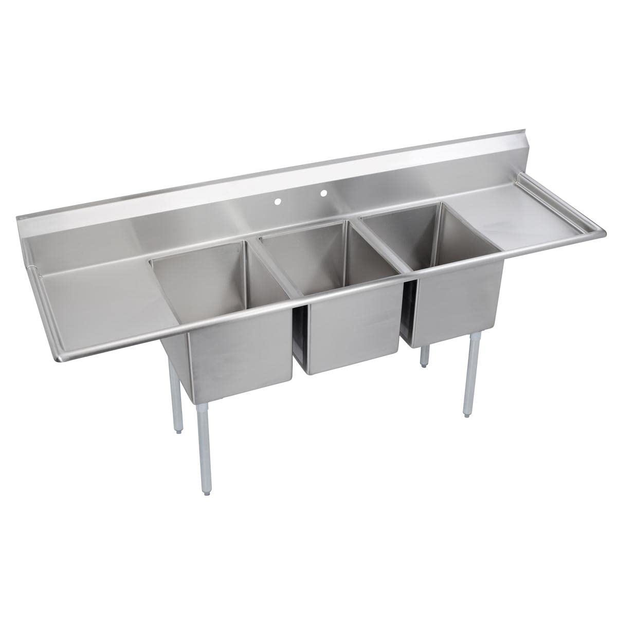 Elkay Foodservice 3 Compartment Sink, 94'X29.75' OA, 36' Working Height, 18X24 Bowl, 12 Deep, 10.75' Backsplash, Left & Right 18' Drainboards, 8' On Center Faucet Hole, Galvinized Legs, Adjustable Feet, 16 Gauge 300 Series Stainless Steel, NSF Certified