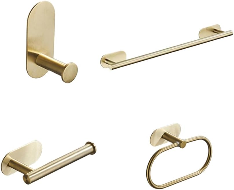 No Drilling Stainless Steel Self-Adhesive Towel Bar Paper Holder Robe Hook Towel Ring Black Silver Gold Bathroom Accessories Set,Gold 4pcs Set