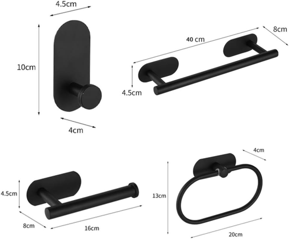 No Drilling Stainless Steel Self-Adhesive Towel Bar Paper Holder Robe Hook Towel Ring Black Silver Gold Bathroom Accessories Set,Black 4PCS Set