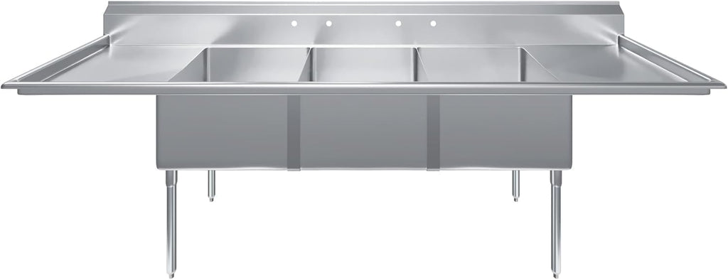 3 Compartment Stainless Steel Commercial Sink with Dual Drainboards | 24' x 24' x 14' Bowls | 120' Wide | NSF | Restaurant Prep & Utility Wash Station