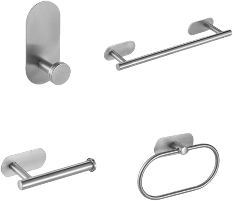 No Drilling Stainless Steel Self-Adhesive Towel Bar Paper Holder Robe Hook Towel Ring Black Silver Gold Bathroom Accessories Set,Silver 4pcs Set