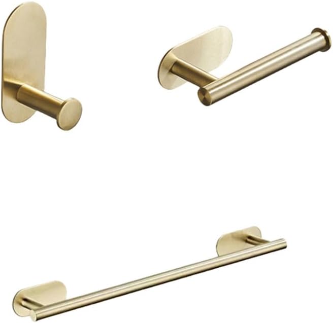 No Drilling Stainless Steel Self-Adhesive Towel Bar Paper Holder Robe Hook Towel Ring Black Silver Gold Bathroom Accessories Set,Gold 3pcs Set B