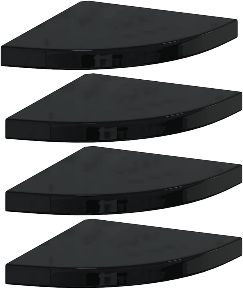 Floating Corner Shelves Set of 4, High Gloss Black Wall Mounted Display Shelves for Living Room Bedroom, 13.8x13.8x1.5 Inch Modern Corner Shelf with Invisible Mount, Durable MDF and Metal