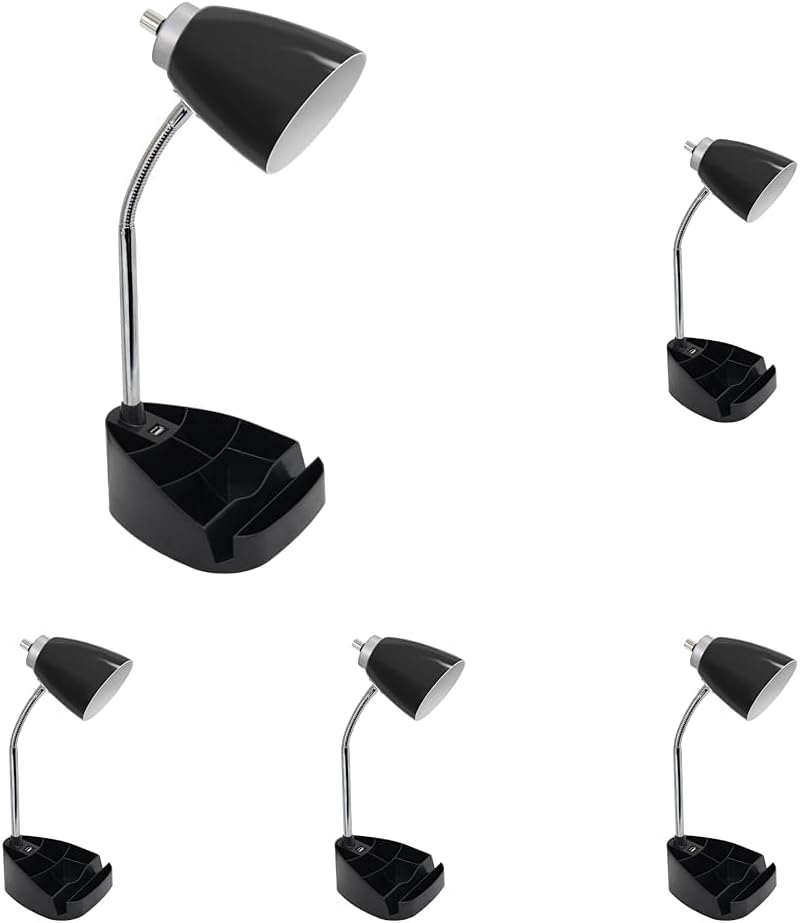 Simple Designs LD1056-BLK Gooseneck Organizer Desk Lamp with iPad/Tablet Stand or Book Holder and USB Port, Black (Pack of 5)