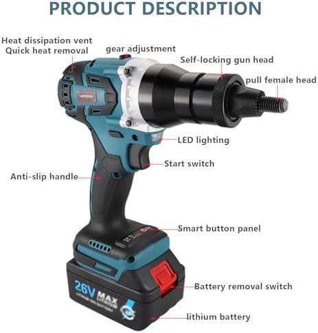 2-in-1 Cordless Portable Rivet Gun Set, Automatic Battery-Powered Pop Riveter with M3-M12 Nuts, 5200mAh Rechargeable Battery Included, Ideal for DIY & Professional Use