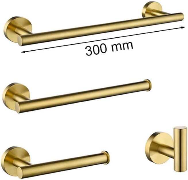 Brush Gold Bathroom Hardware Accessories Set Towel Bar Paper Holder Towel Ring Robe Hook Round Classic Bathroom Fittings, 4 Piece kit 30cm