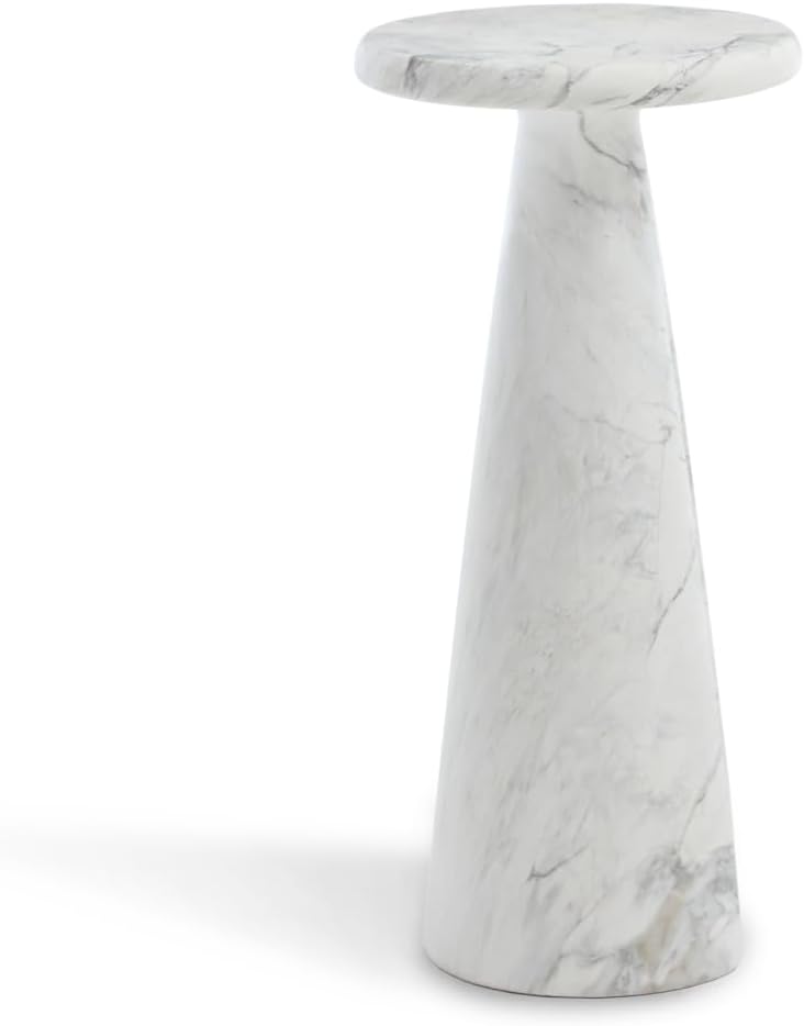 Modern Faux Marble Bedside Table for Living Room, 9' Round Stone Side Table Vintage Night Stand, Small Rustic Wthie End Table for Drink in Bedroom Apartment Waiting Room, White