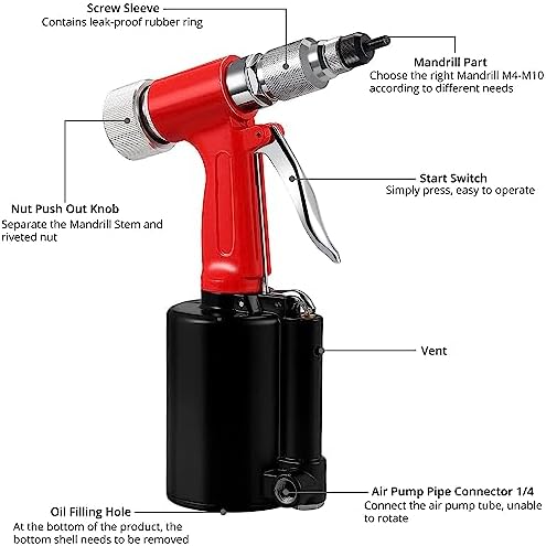 Hydraulic Pneumatic Rivet Gun Air Riveter Blinding Riveting Nuts Tool with 5PCS Metric Mandrels M4 M5 M6 M8 M10, Pop Rivet Nut Gun Riveting Machine